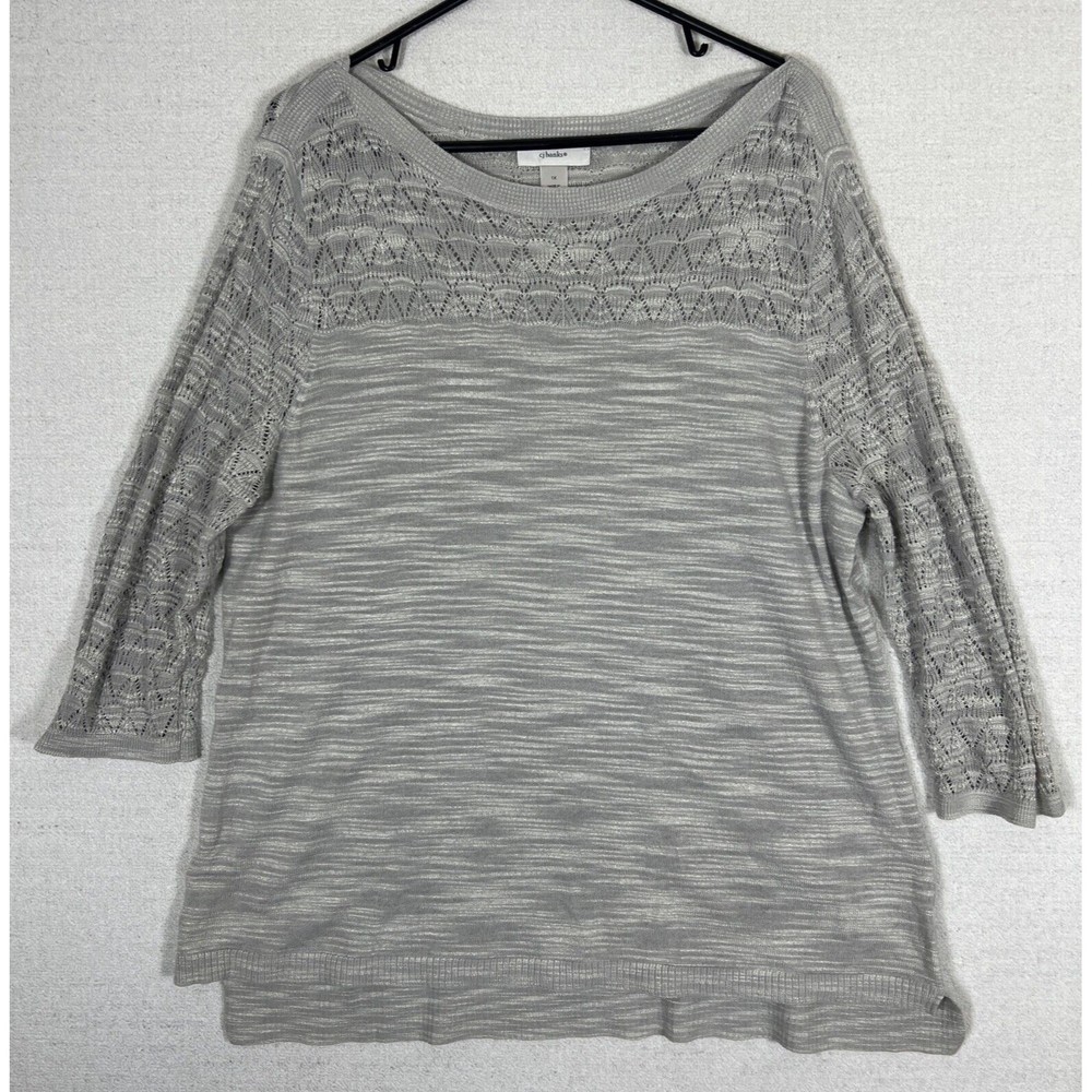 CJ Banks Lightweight Sweater Womens 1X Slub Knit Body Crochet Shoulders Gray